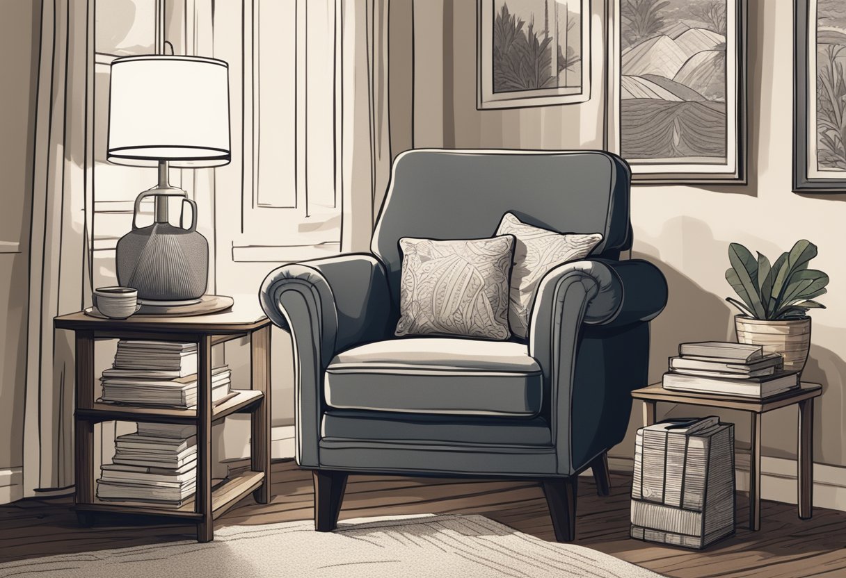 A cozy armchair with a pair of reading glasses and a mug of coffee on the side table. A stack of books and a framed family photo sit nearby