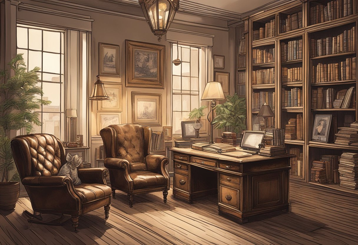 A cozy study with a worn leather armchair, a stack of old books, and a vintage desk adorned with family photos and trinkets