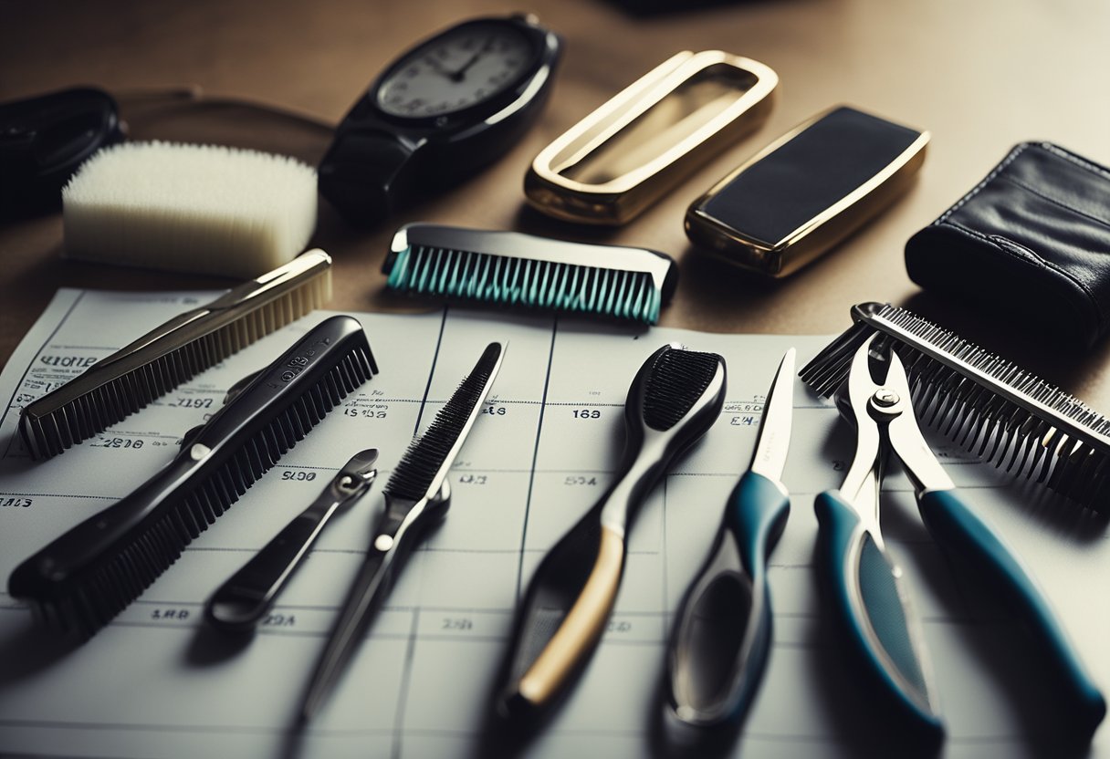 A table with various grooming tools neatly arranged. Brushes, combs, clippers, and scissors are present. A money-saving chart and a clock showing time saved are displayed nearby