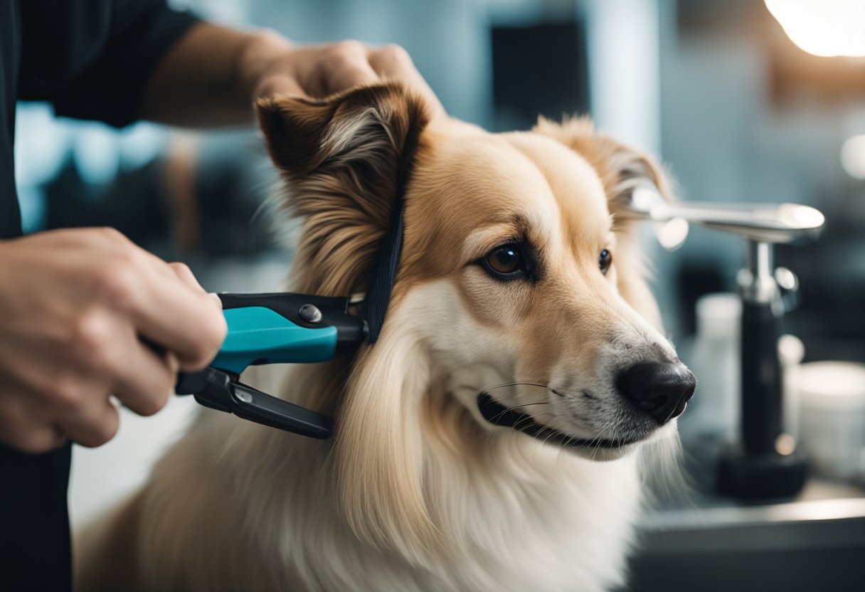 A dog being groomed with quick techniques, using tools and products efficiently