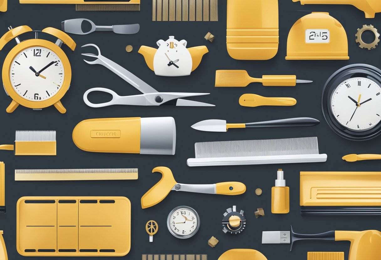 Seven grooming tools and products arranged neatly on a table. A clock in the background to symbolize saving time and a piggy bank to symbolize saving money