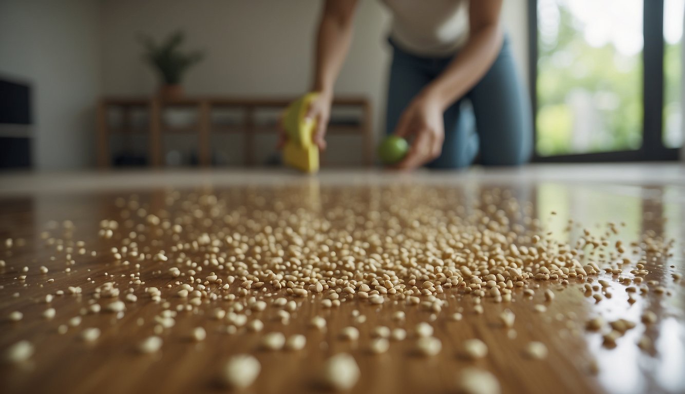 A person sprinkles natural ingredients around the house to prevent ants, while sealing cracks and holes in the walls and floors