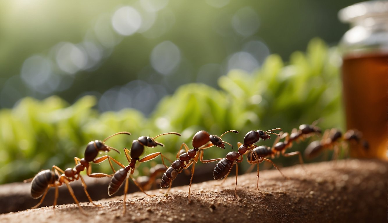 A line of ants avoiding a barrier of cinnamon and peppermint oil at the entrance of a home