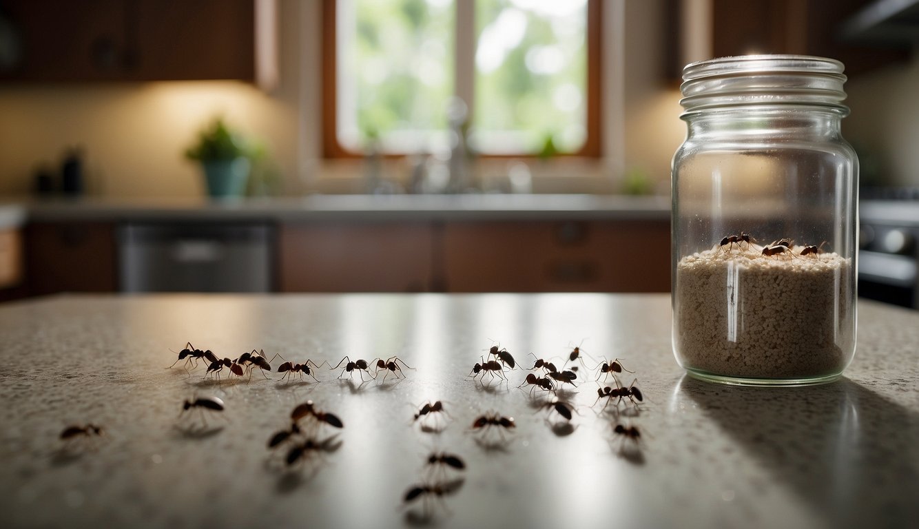 A small jar filled with a homemade ant bait sits on a kitchen counter, surrounded by scattered sugar and borax. A line of ants trails towards the jar, lured by the sweet scent