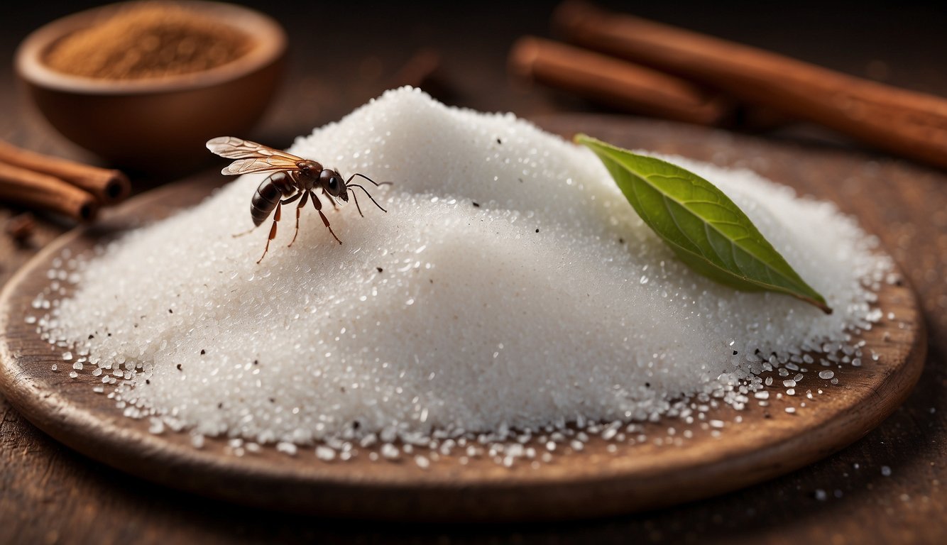 A line of sugar leading to a mound of baking soda, surrounded by a barrier of cinnamon and black pepper, with ants avoiding the area