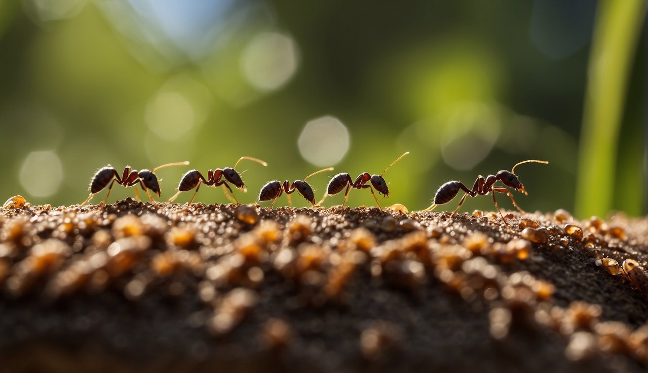 A line of ants marches towards a sugar trap, while a pest control spray sits nearby