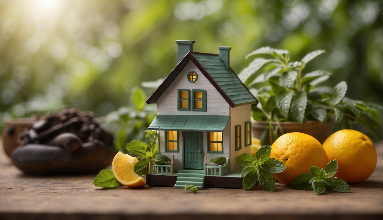 A home surrounded by natural remedies like mint, vinegar, and citrus peels to control ants, with a focus on environmental impact and safety
