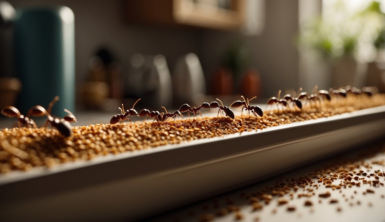 A line of ants marching towards crumbs on a kitchen counter. A person sprinkles cinnamon to deter them