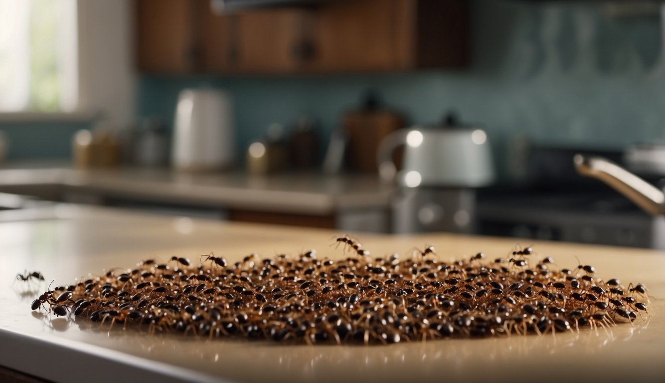 Ants swarm around a kitchen counter. A homeowner sprinkles cinnamon and vinegar to repel them