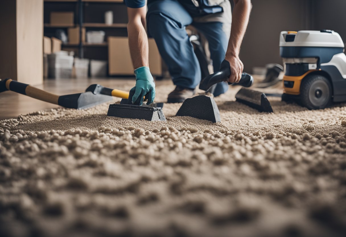 A team of workers removes old carpet and installs new flooring in a room. Tools, materials, and debris are scattered around the area