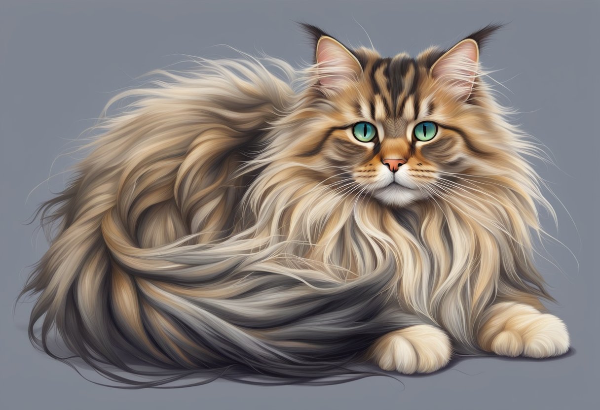 A long-haired cat lying on a soft surface, with tangled mats in its fur. The cat's fur is matted and tangled, with sections of hair clumped together