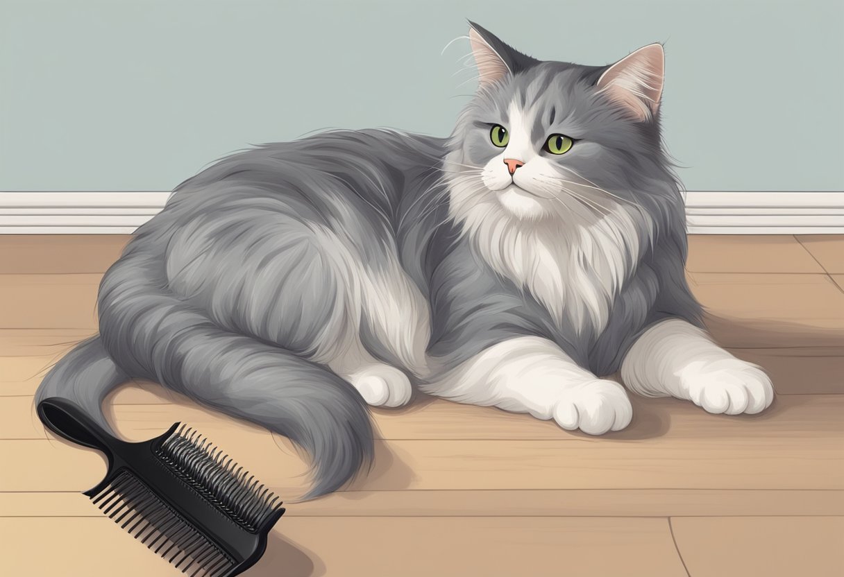 A long-haired cat sits calmly as a person gently detangles its fur with a comb, following online instructions on how to remove mats