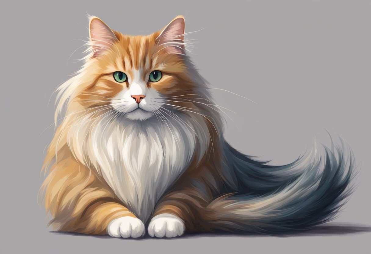 A long-haired cat with mats in its fur, sitting still as someone gently detangles its fur with a comb