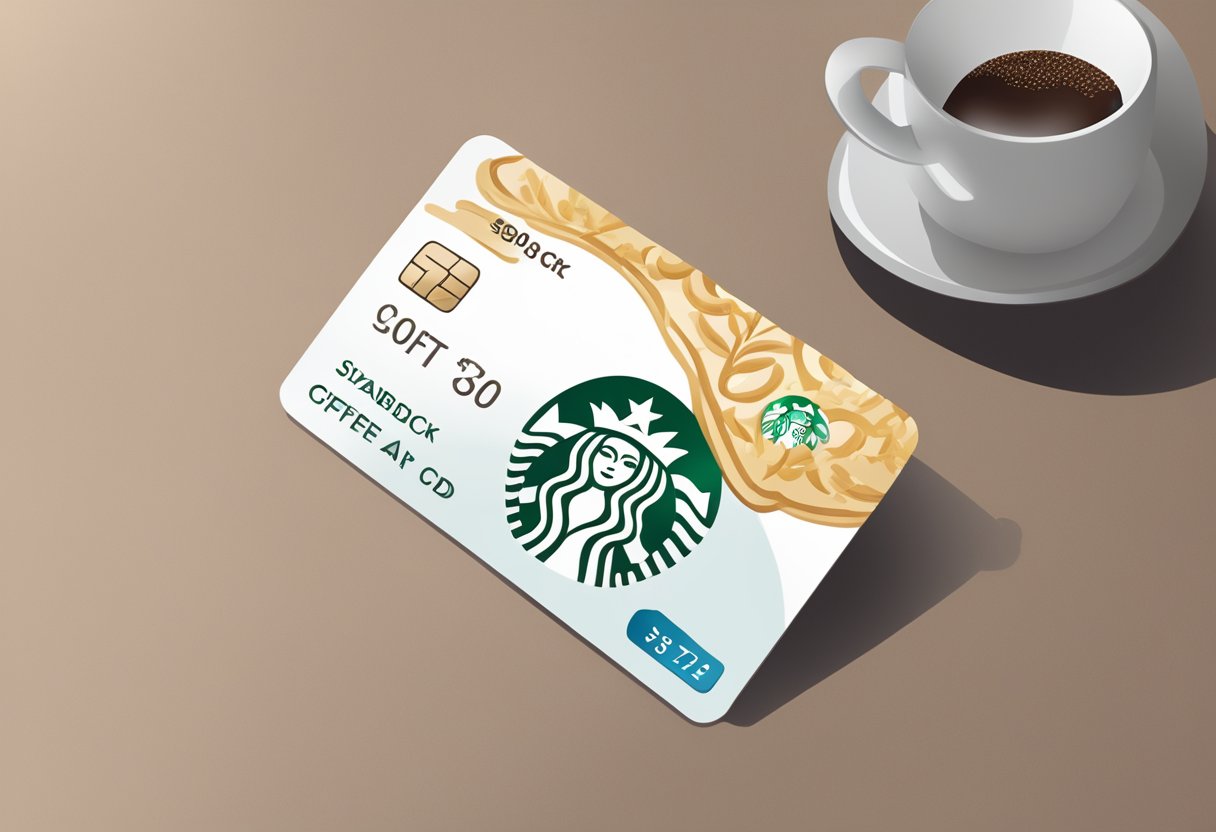 A Starbucks gift card lies on a table with the security code located on the back side. The card is surrounded by a coffee cup and a pastry