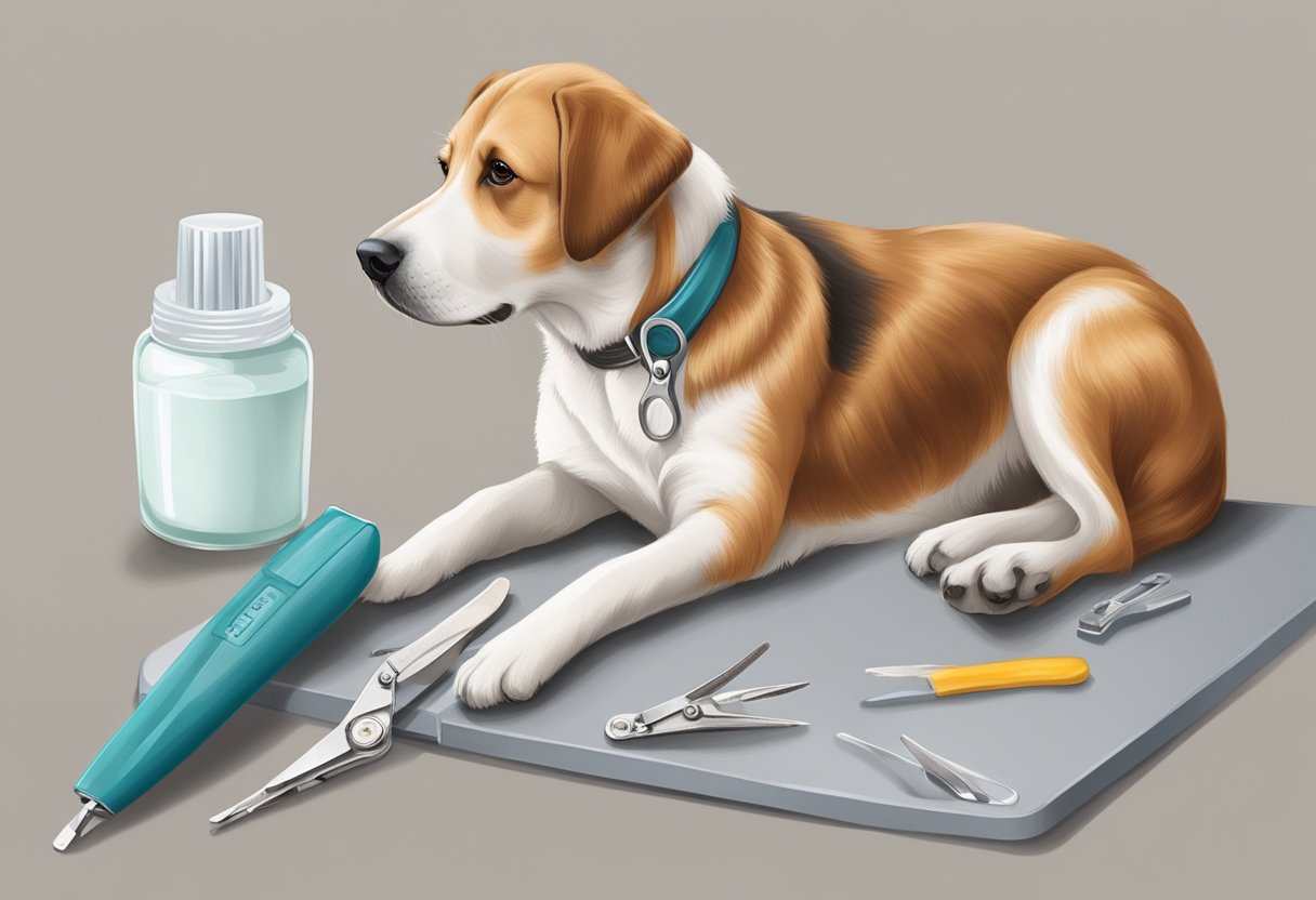 A dog sitting calmly on a non-slip surface, with a pair of nail clippers and a styptic powder nearby