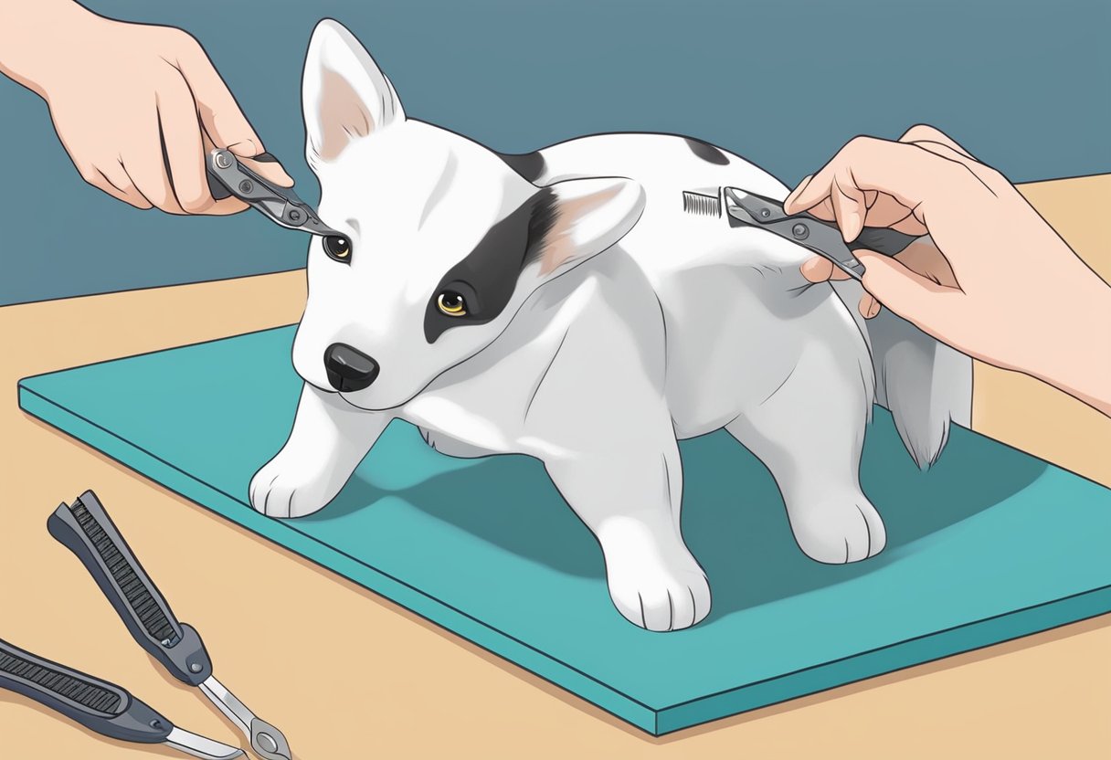 A dog's nails being gently trimmed with clippers on a non-slip surface