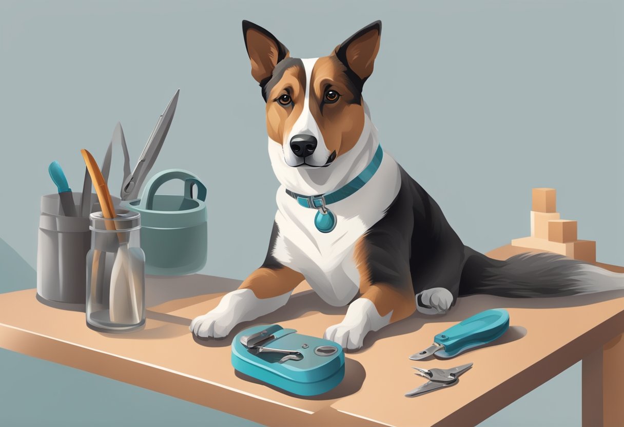 A dog sitting on a non-slip surface with its paw gently held, a pair of nail clippers nearby, and a calm, focused owner ready to trim its nails