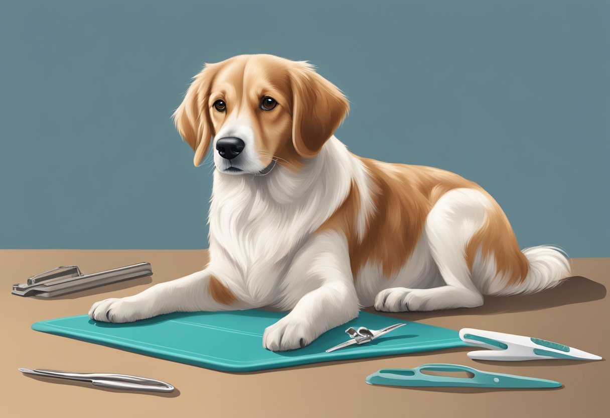 A dog sitting calmly on a non-slip surface with its paw extended, while a pair of nail clippers and a nail file are nearby