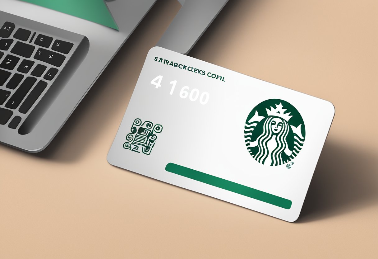 A Starbucks gift card is placed on a table, with the security code located on the back of the card near the bottom right corner