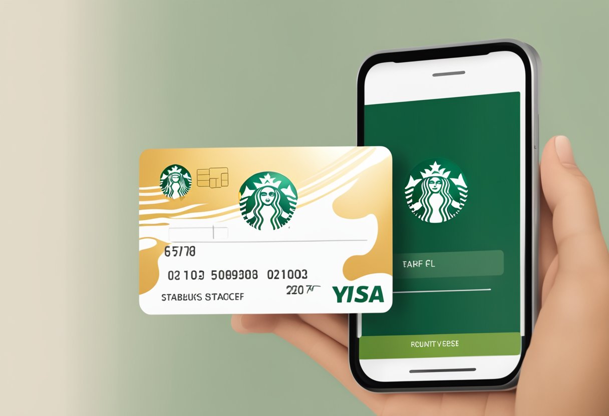 A Starbucks gift card is held in front of a mobile device, with the security code clearly visible on the back of the card