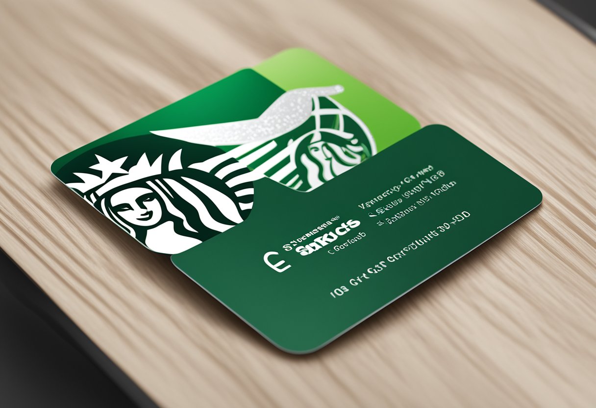 A Starbucks gift card lies on a table, with the security code clearly visible on the back. The iconic green and white logo is prominently displayed on the front of the card