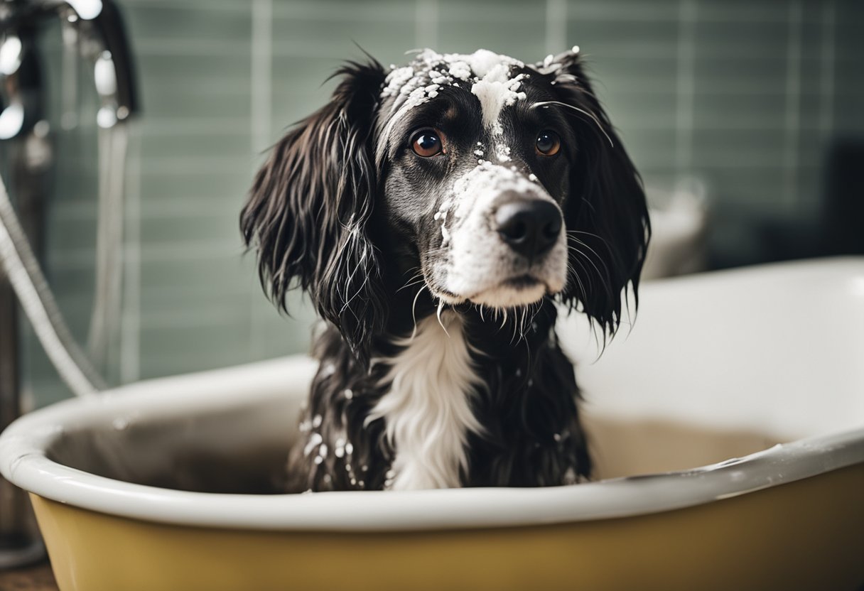 A dog covered in mud, being cleaned with waterless shampoo in a bathtub