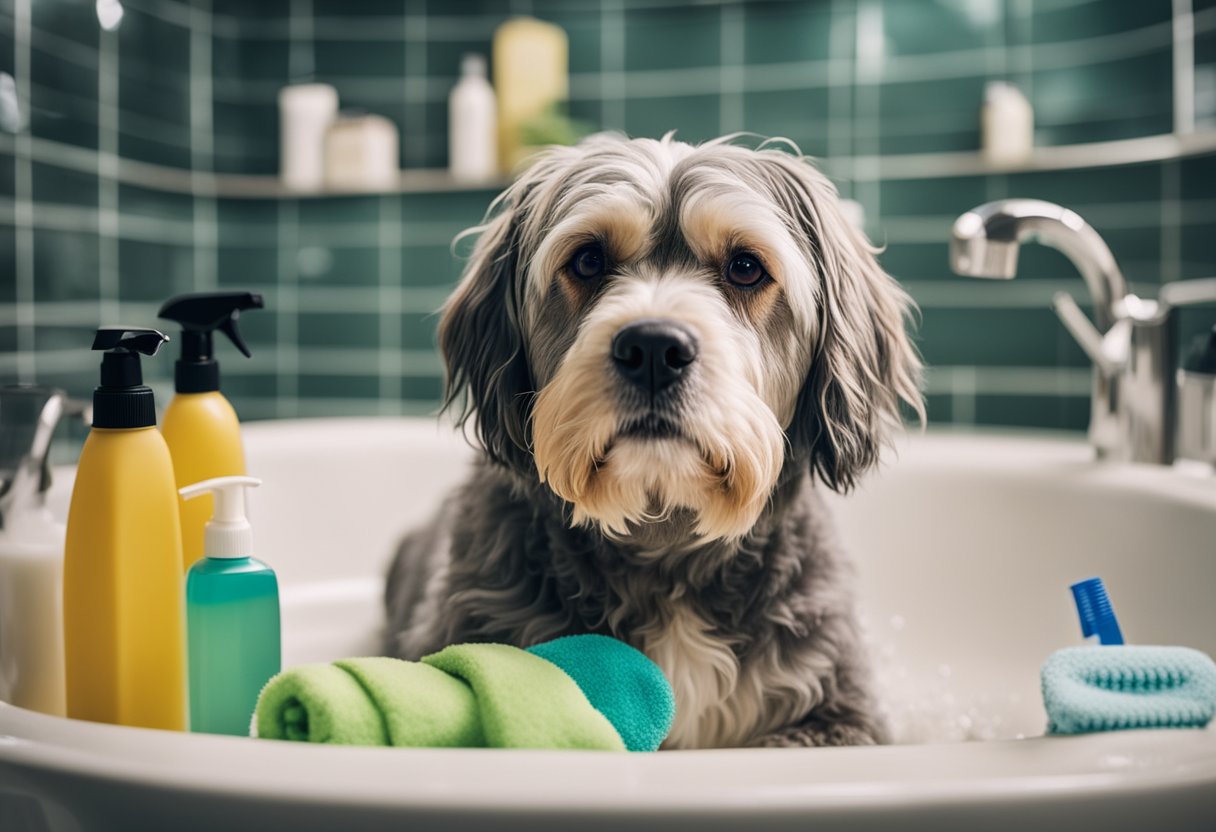 A dog being bathed with waterless shampoo, surrounded by various cleaning supplies and a towel