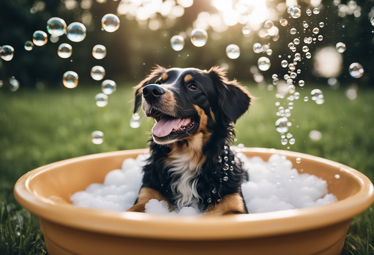 A happy dog getting a relaxing bath with waterless dog shampoo, surrounded by bubbles and a soothing atmosphere
