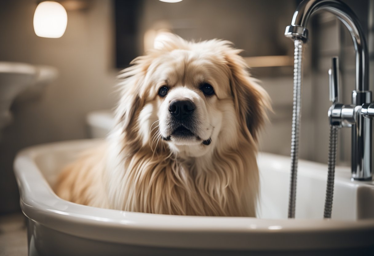 A fluffy dog being bathed with waterless shampoo by its owner in a cozy bathroom
