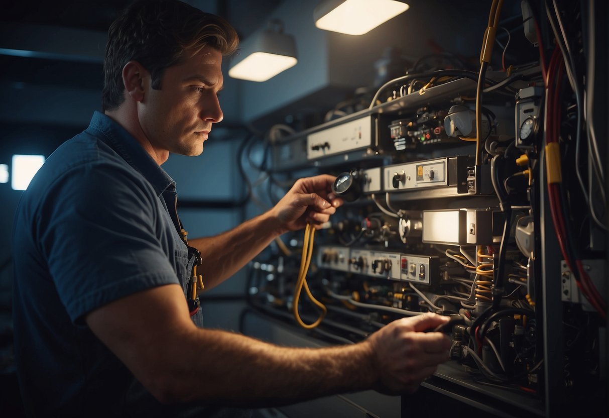 An HVAC technician inspects components with a flashlight, while referencing a safety manual. Tools and equipment are neatly organized nearby