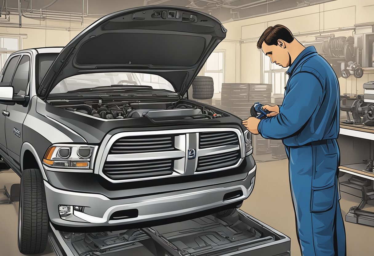 A mechanic examines a Dodge Ram transmission, weighing repair costs against replacement options. Tools and diagnostic equipment are visible in the workshop