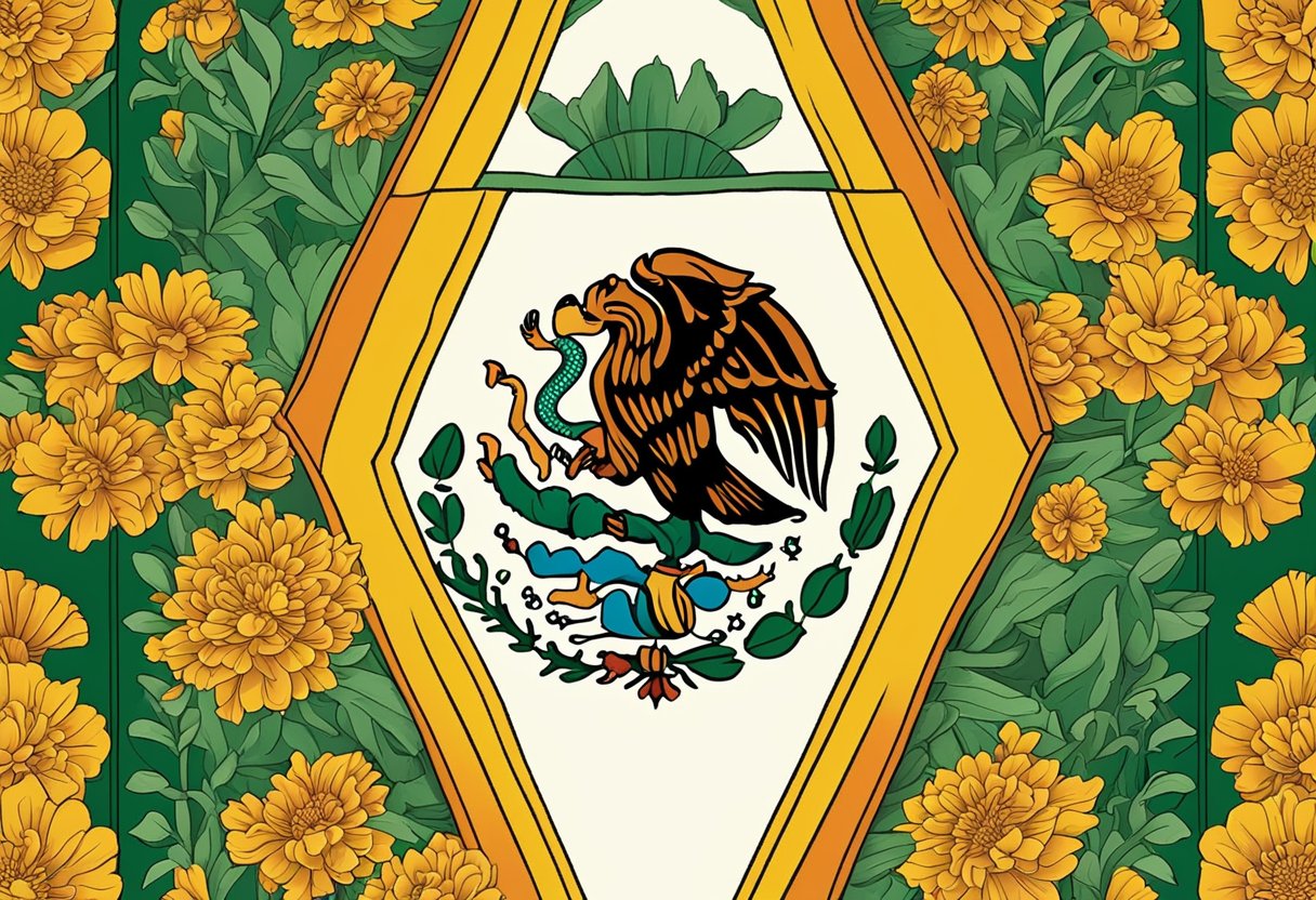 A Mexican flag waving in the wind, surrounded by vibrant marigold flowers and traditional papel picado decorations