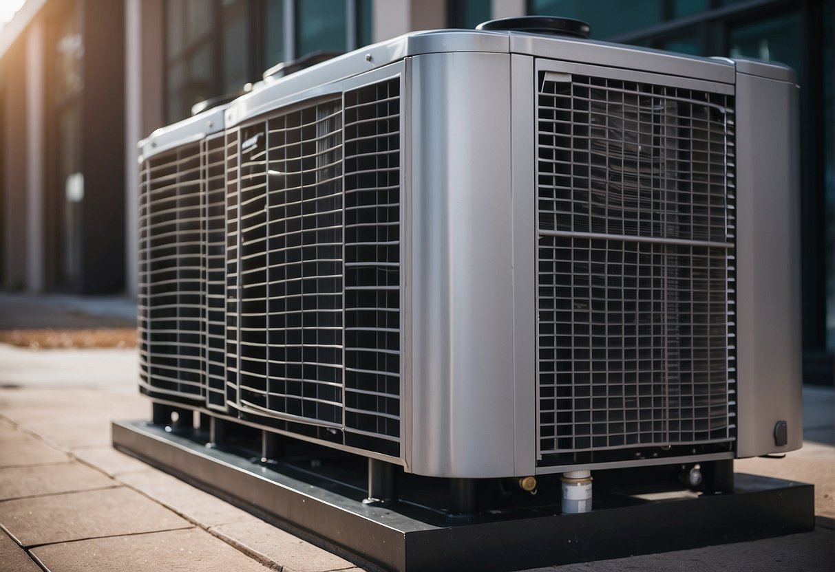 A condenser unit sits outside a building, connected to the HVAC system. It releases heat from the refrigerant, transforming it from a gas to a liquid. The unit is surrounded by a metal grille for protection