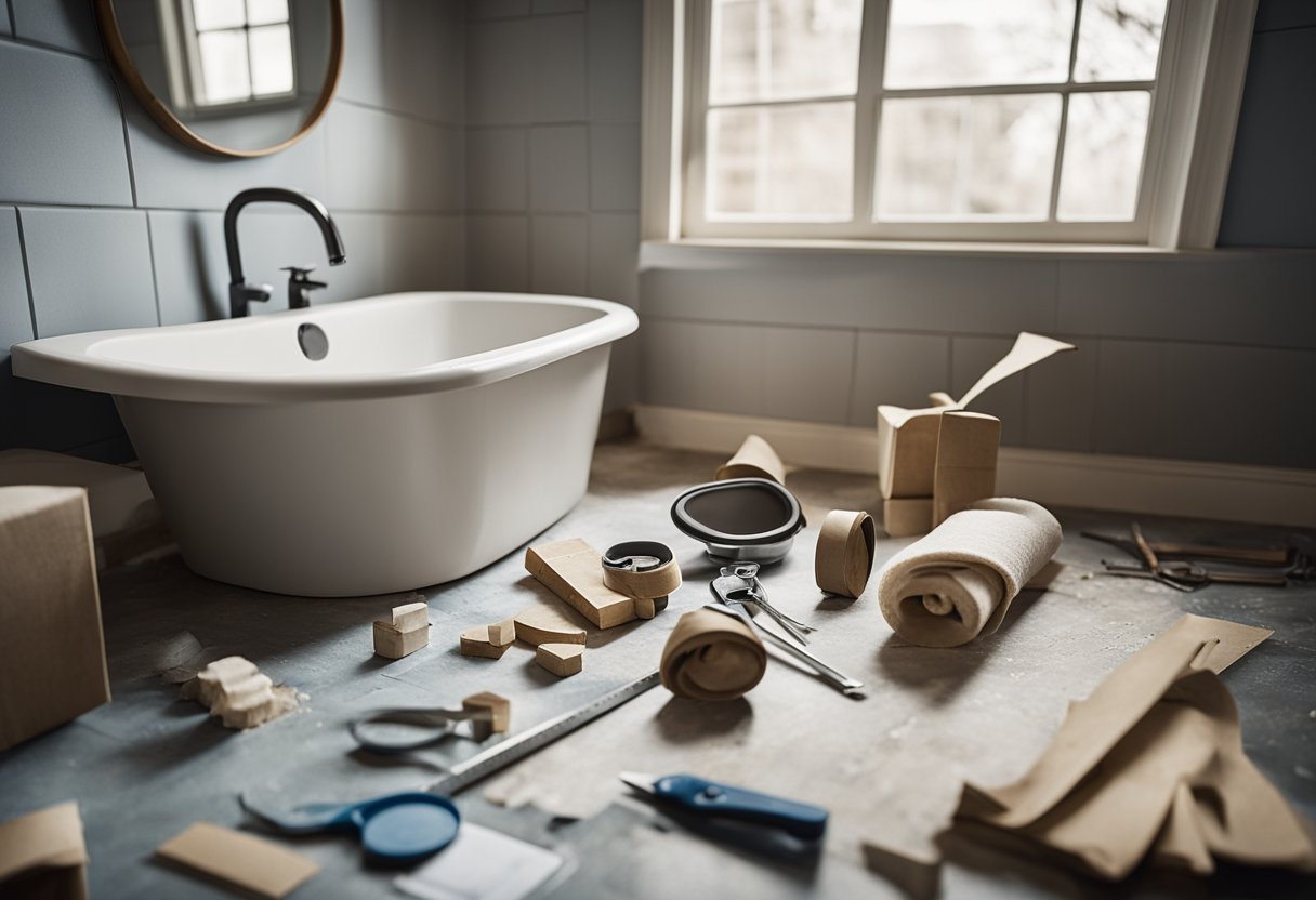 A bathroom renovation scene: tools and materials laid out, measuring tape, blueprints, and a demolished bathroom ready for reconstruction