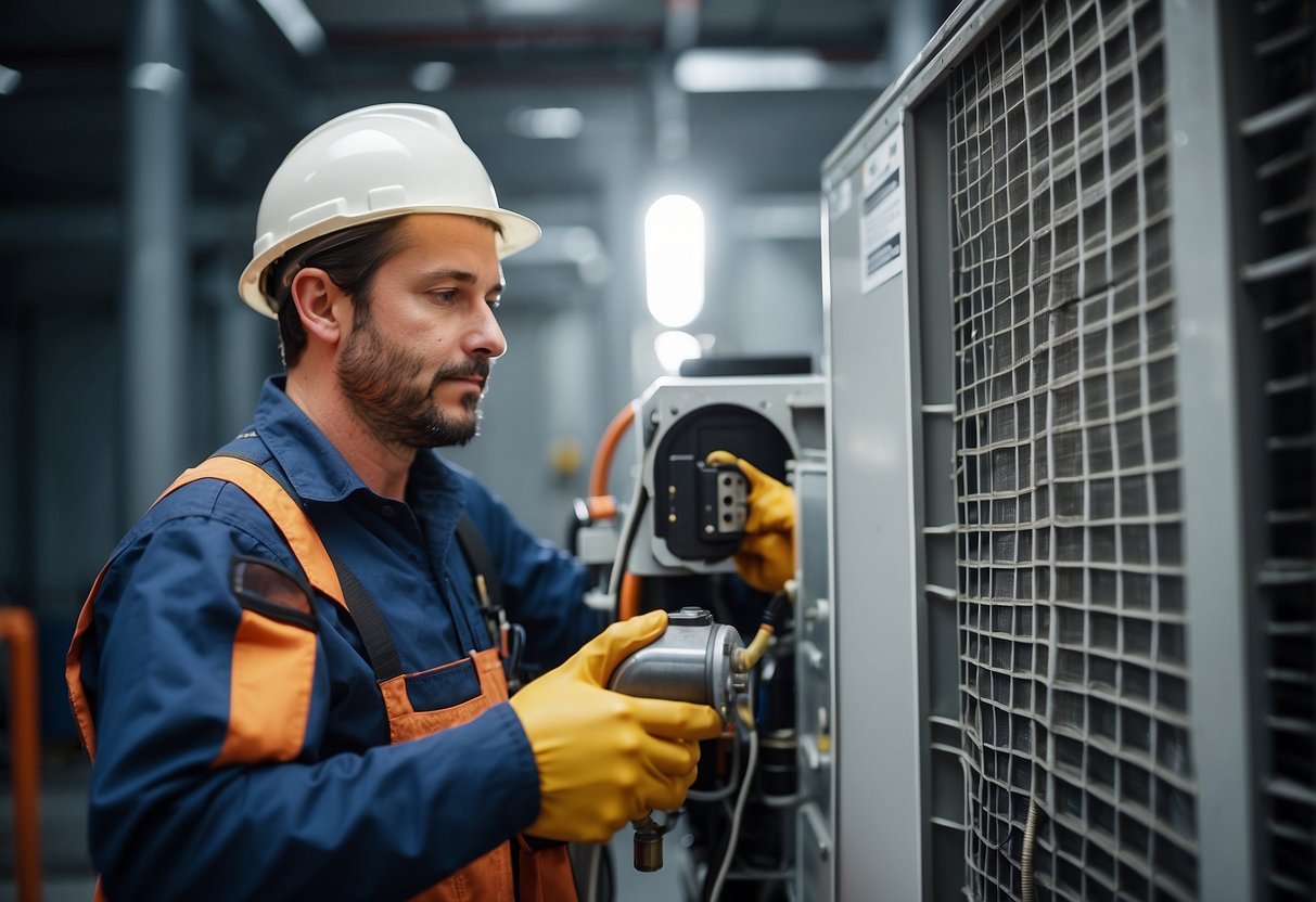 A technician cleans and inspects a condenser unit in an HVAC system, ensuring efficient operation