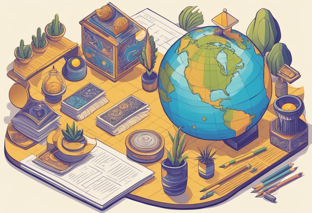 A colorful brainstorming session with a pencil and paper, surrounded by Mexican cultural symbols and imagery