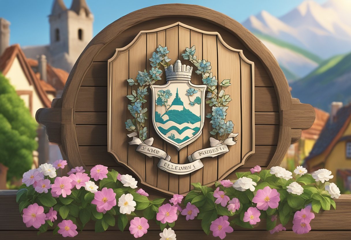A family crest displayed on a weathered wooden sign, surrounded by blooming flowers and a quaint village in the background