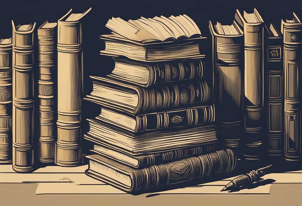 A stack of books with various titles and a quill pen resting on top, set against a backdrop of a vintage library or study