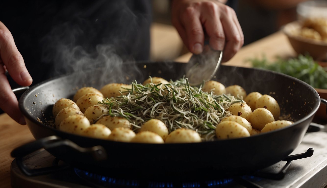 A chef sprinkles ground sage onto a sizzling pan of buttery potatoes, adding a savory aroma to the air
