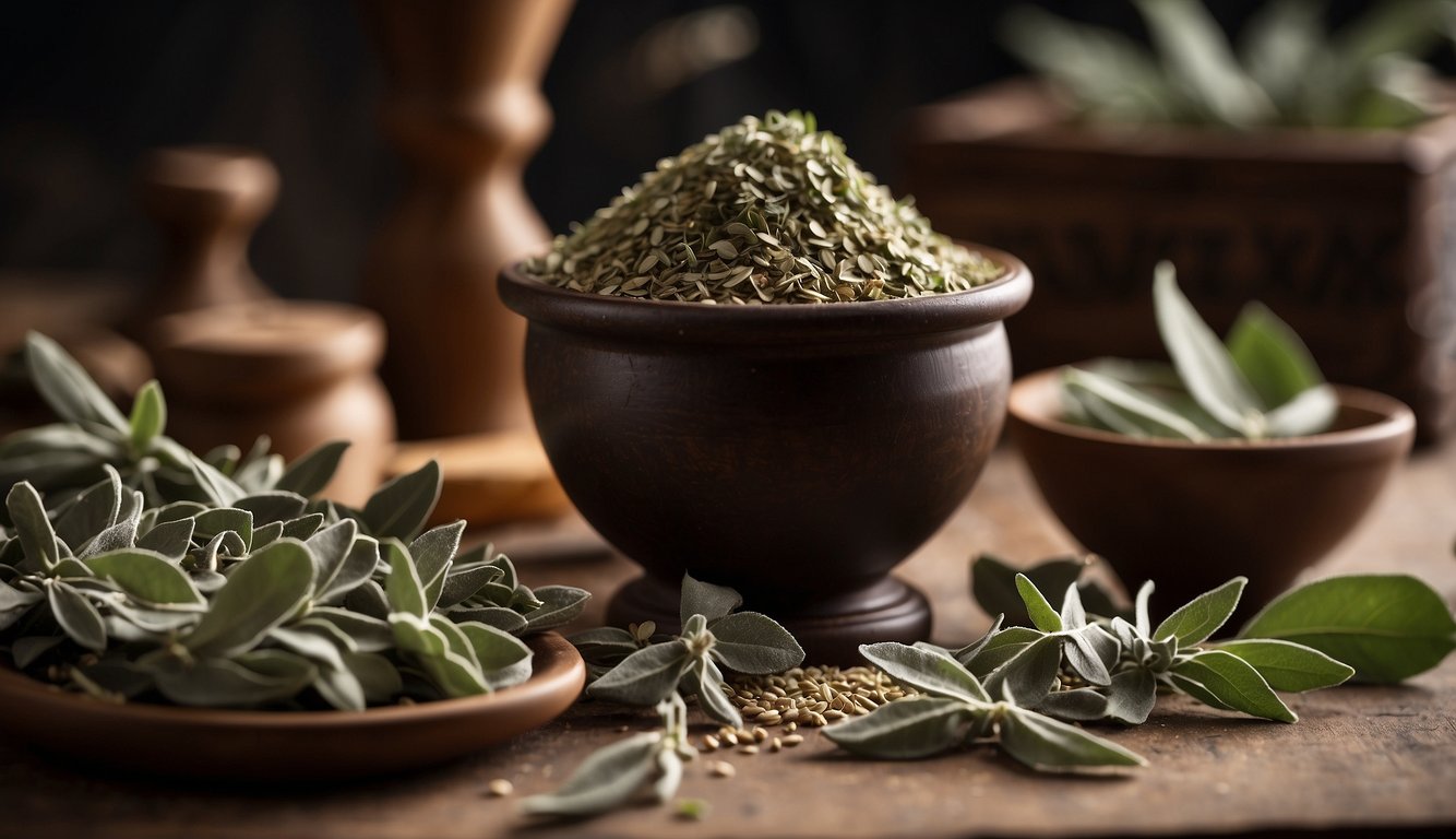 A mortar and pestle grind dried sage leaves. Nearby, a book displays the historical and botanical uses of sage