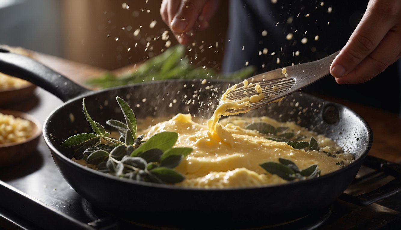 Sage being sprinkled onto a sizzling pan of butter, filling the air with its aromatic and earthy fragrance