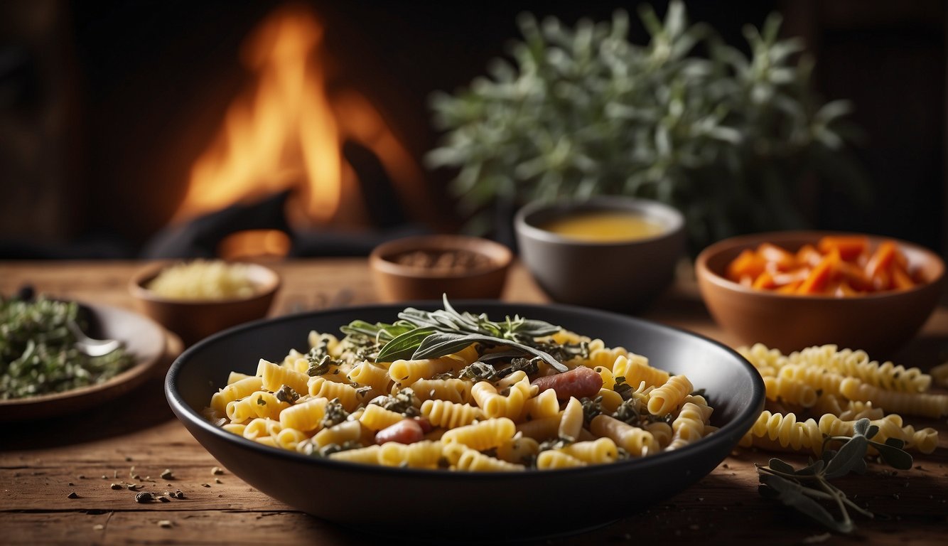 Ground sage sprinkled on pasta, mixed into sausage, and dusted over roasted vegetables. A bowl of sage-infused soup steams on a rustic wooden table