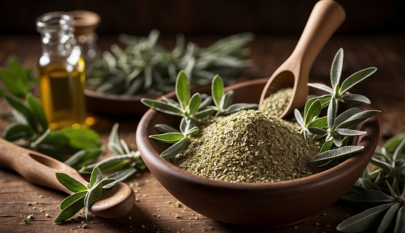 Ground sage is being sprinkled into a mortar and pestle, with a pile of fresh sage leaves nearby. A small bowl of olive oil and a spoon are also present, suggesting the ingredients for a home remedy