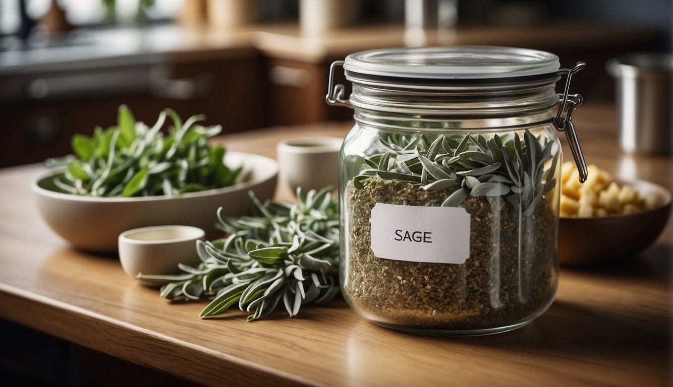 Ground sage container with label, surrounded by various dishes. Text bubble with "FAQs about sage" above