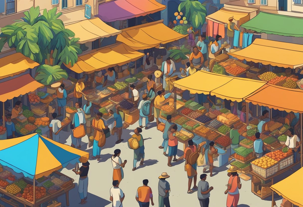 A colorful street market with vibrant banners and bustling crowds. Traditional music fills the air as vendors sell their wares under the warm Brazilian sun