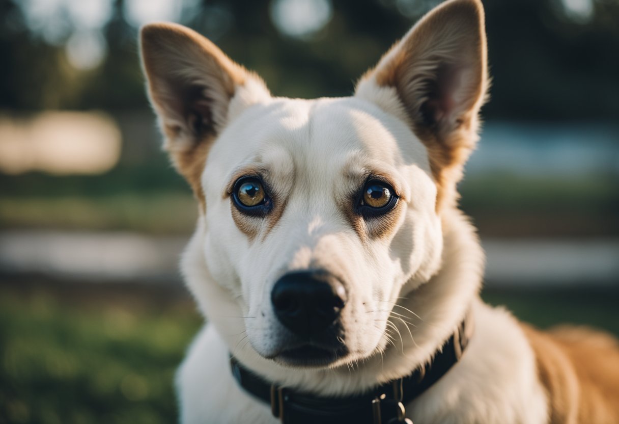 A dog with noticeable stains under its eyes, looking up expectantly