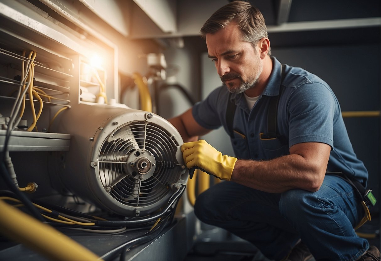 A technician replacing a blower motor in an HVAC system, using tools and following safety protocols