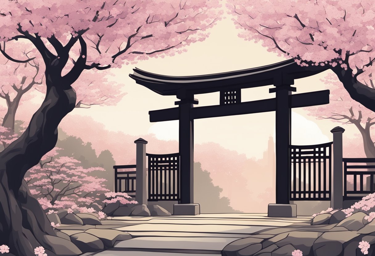A traditional Japanese gate stands in front of a serene garden with cherry blossom trees, representing the common Japanese last names