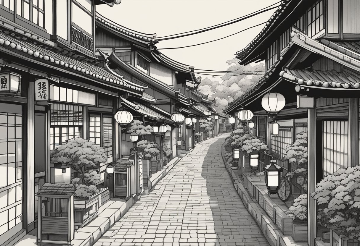 A traditional Japanese street lined with shops and lanterns, with the name signs of various families displayed prominently