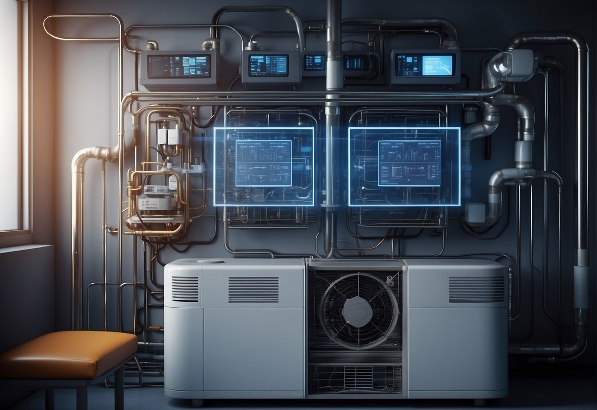 HVAC system with advanced refrigerant tech, surrounded by futuristic gadgets and diagrams